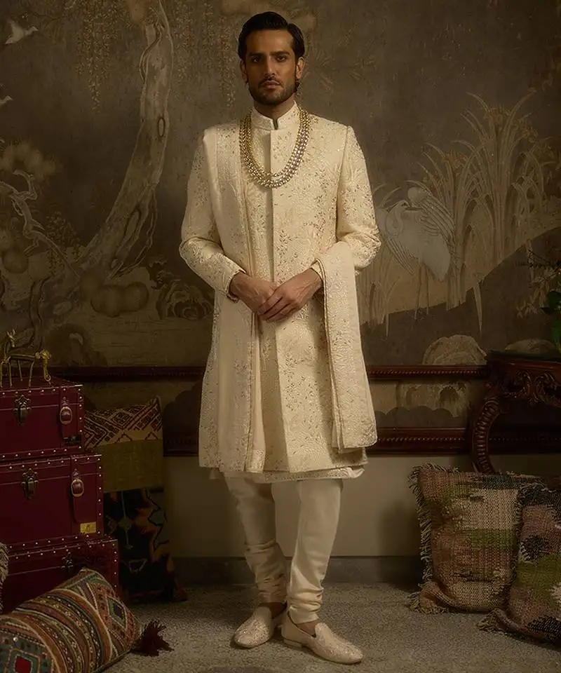 Gold embroidered silk sherwani
