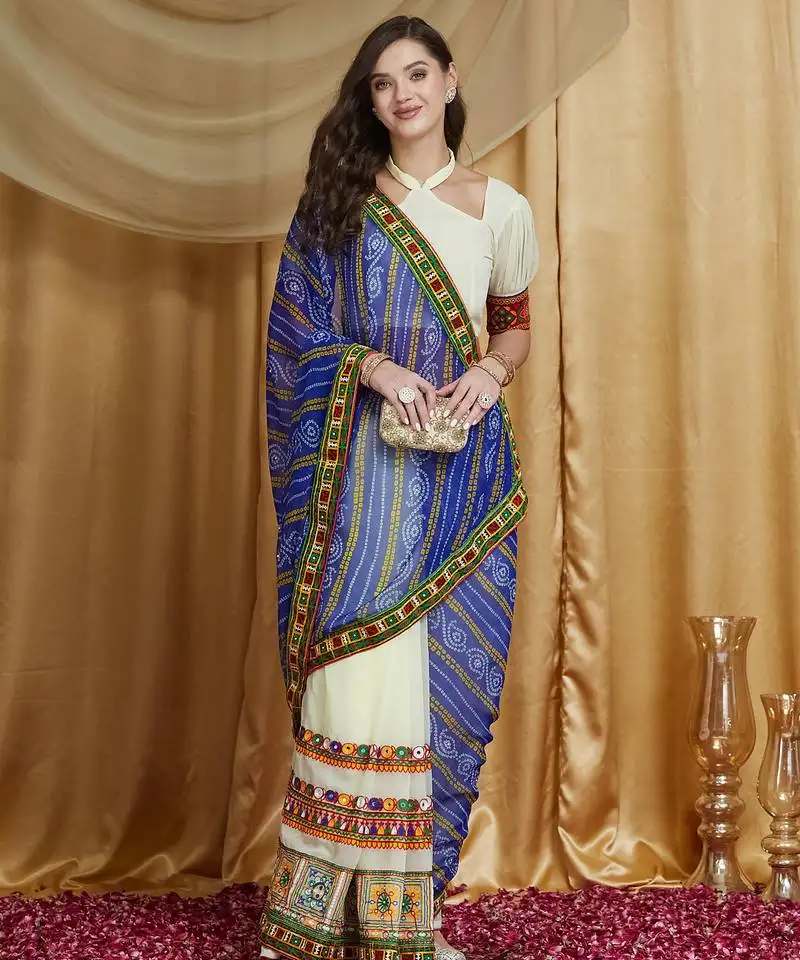 Riva enterprise women's designer kutchi embroidery georgette saree with blouse