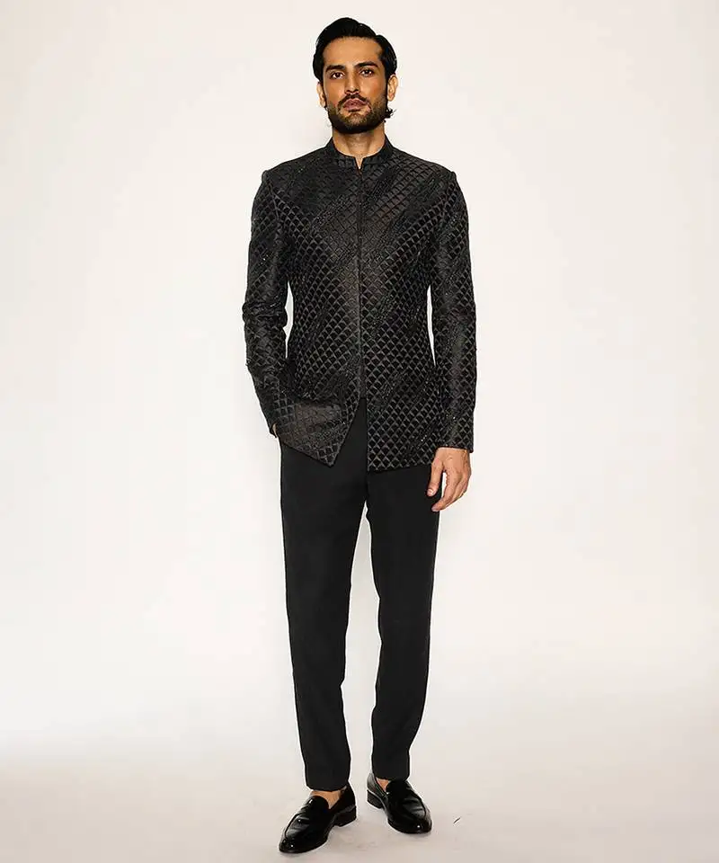 Black embroidered cotton silk bandhgala suit