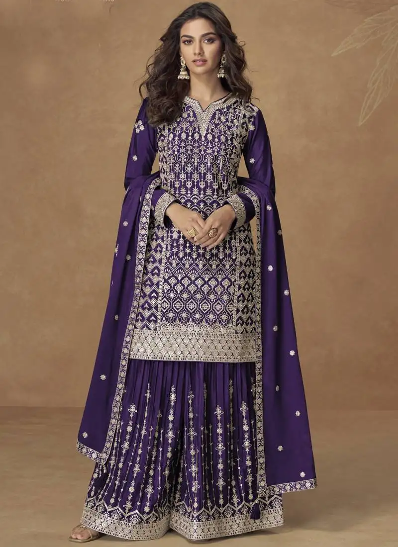 Purple chinon silk embroidered sharara suit stitched