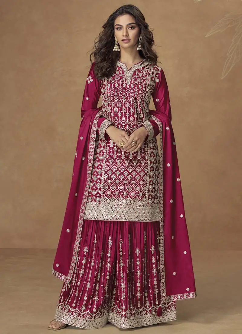 Rani pink chinon silk embroidered sharara suit stitched