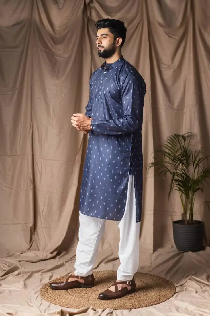 Blue color blended linen weaved kurta for festive