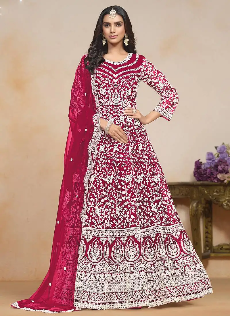 Pink net embroidered designer anarkali suit semi stitched
