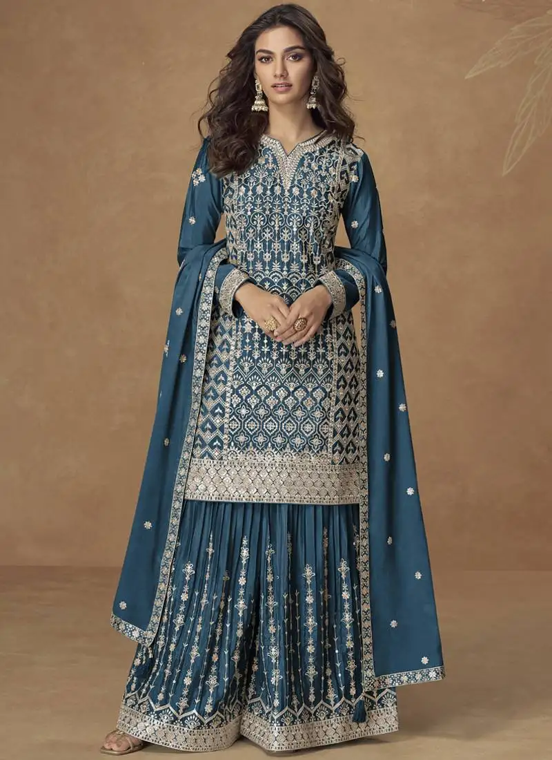 Aqua blue chinon silk embroidered sharara suit stitched