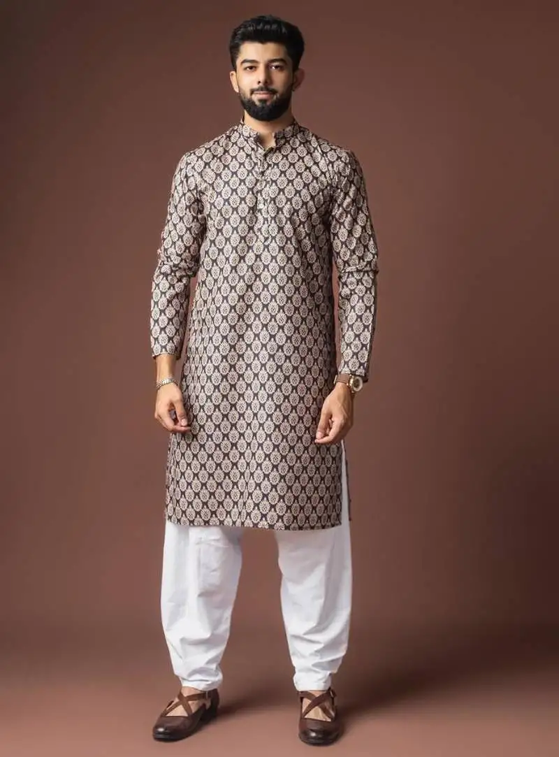 Black color blended linen weaved kurta for festive