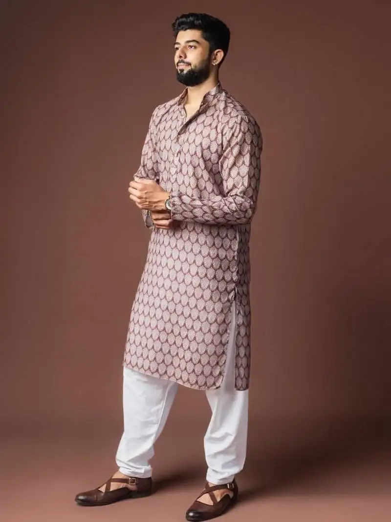 Mauvish brown color blended linen weaved kurta for festive