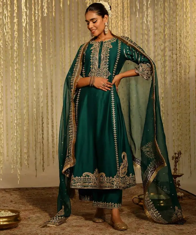 Green embroidered chanderi silk kurta set