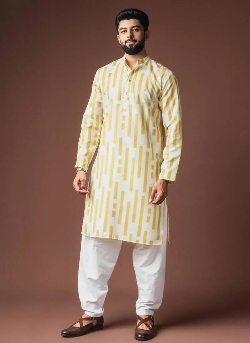 Yellow color blended linen weaved kurta for festive