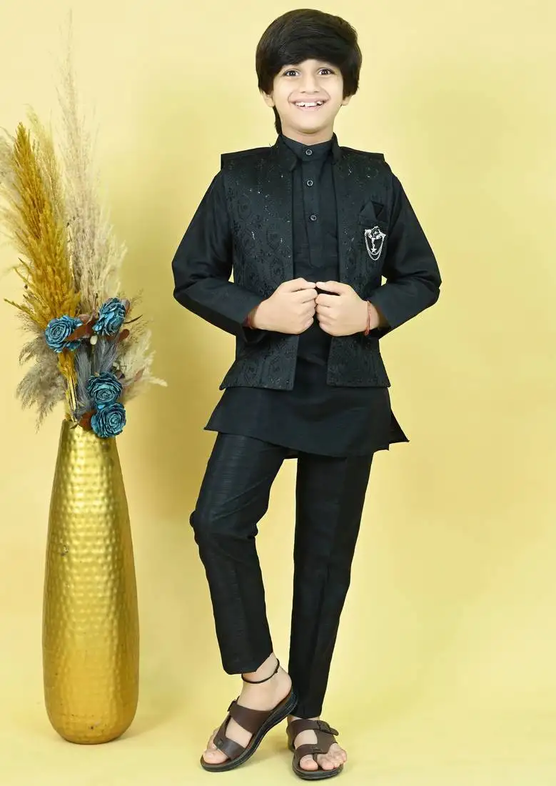 Boys cotton silk geometric sequined floral embroidered kurta shrug set- black