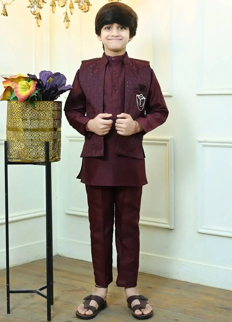 Boys cotton silk geometric sequined floral embroidered kurta shrug set- wine