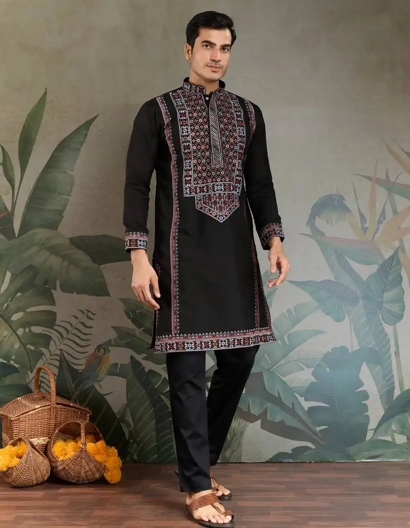 Black viscose silk thead with sequins embroidered work wedding function festival party wear straight kurta