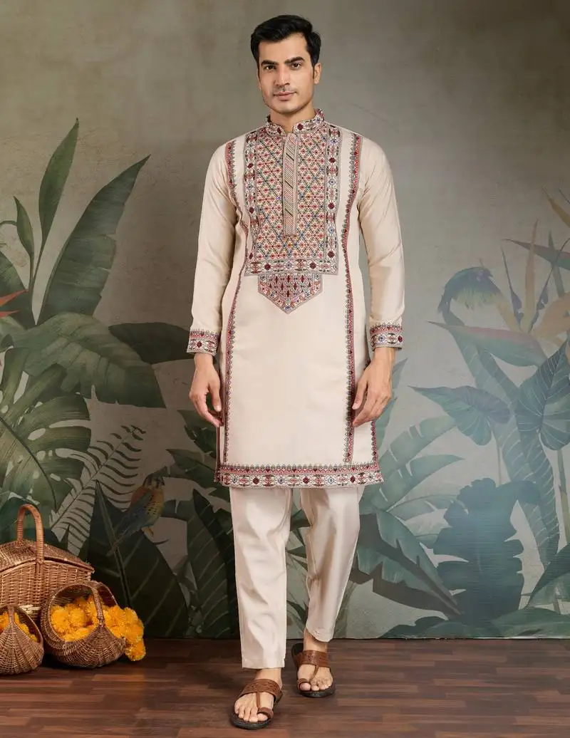 Beige viscose silk thead & sequins embroidered work wedding function festival party wear straight kurta with pant
