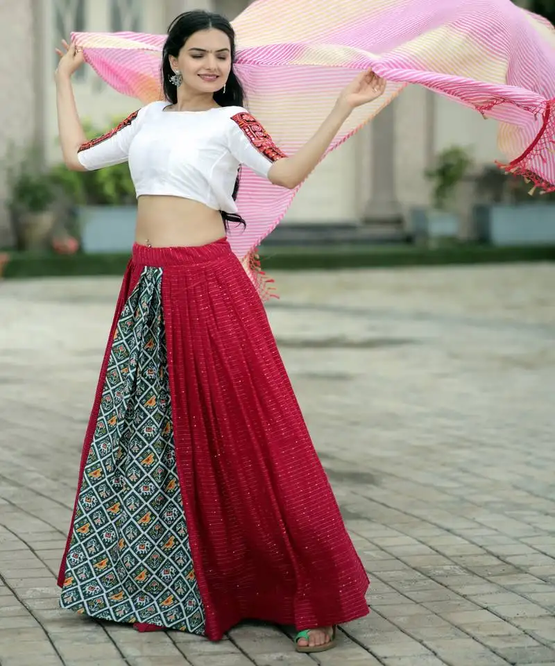 Red white crochet embroidered work viscose navratri stitched lehenga choli