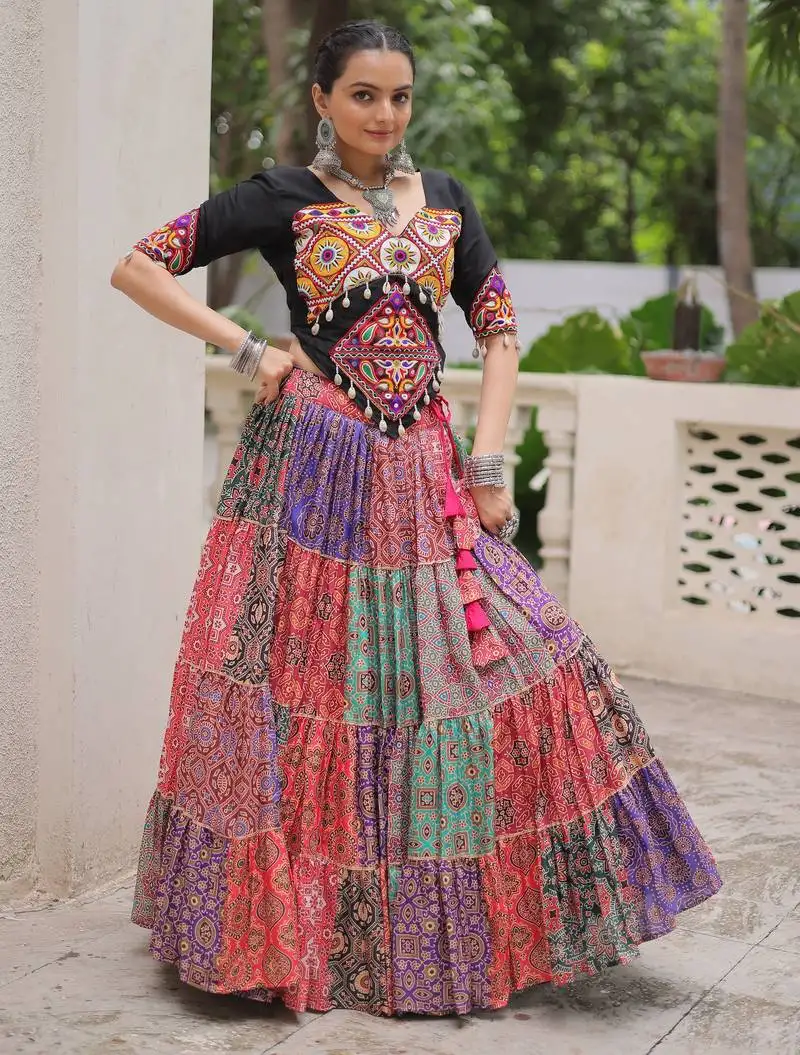 Multicolor print with embroidered work cotton navratri stitched lehenga choli