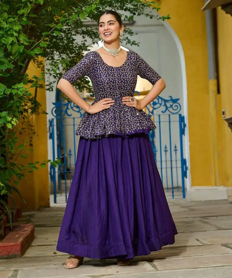 Purple embroidered work fendy silk onam stitched lehenga choli