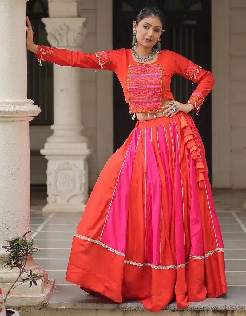 Orange pink thread mirror embroidered roman silk stitched lehenga choli