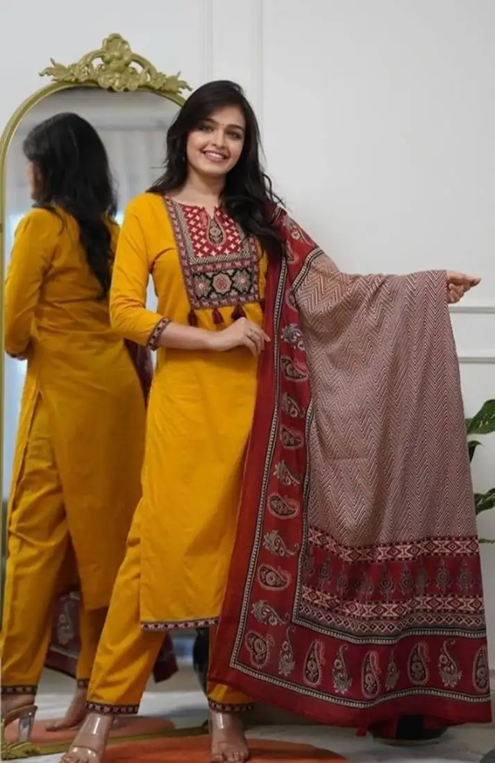 Women floral printed cotton kurta with trouser & dupatta