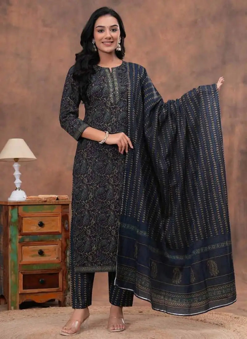 Bagru hand block printed cotton suit set for women kurti, pant & dupatta ethnic wear