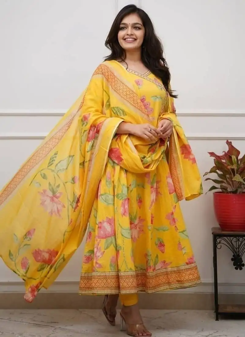 Yellow floral printed anarkali kurta set with dupatta