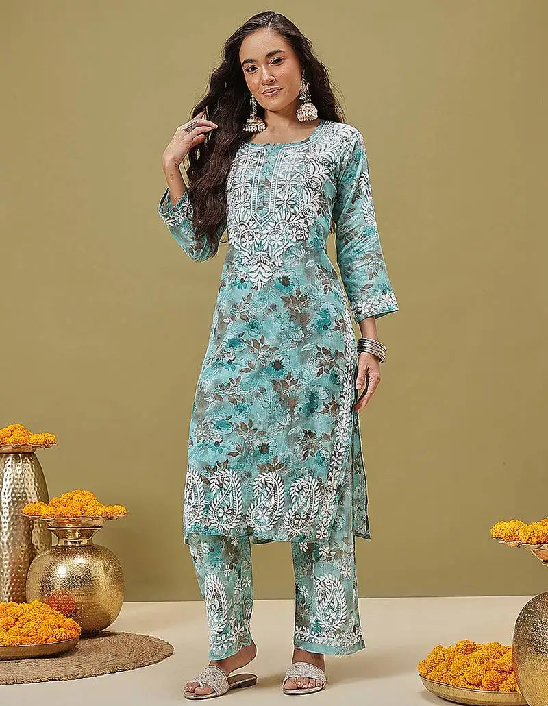 Hand embroidered floral printed blue cotton lucknowi chikankari co-ord set