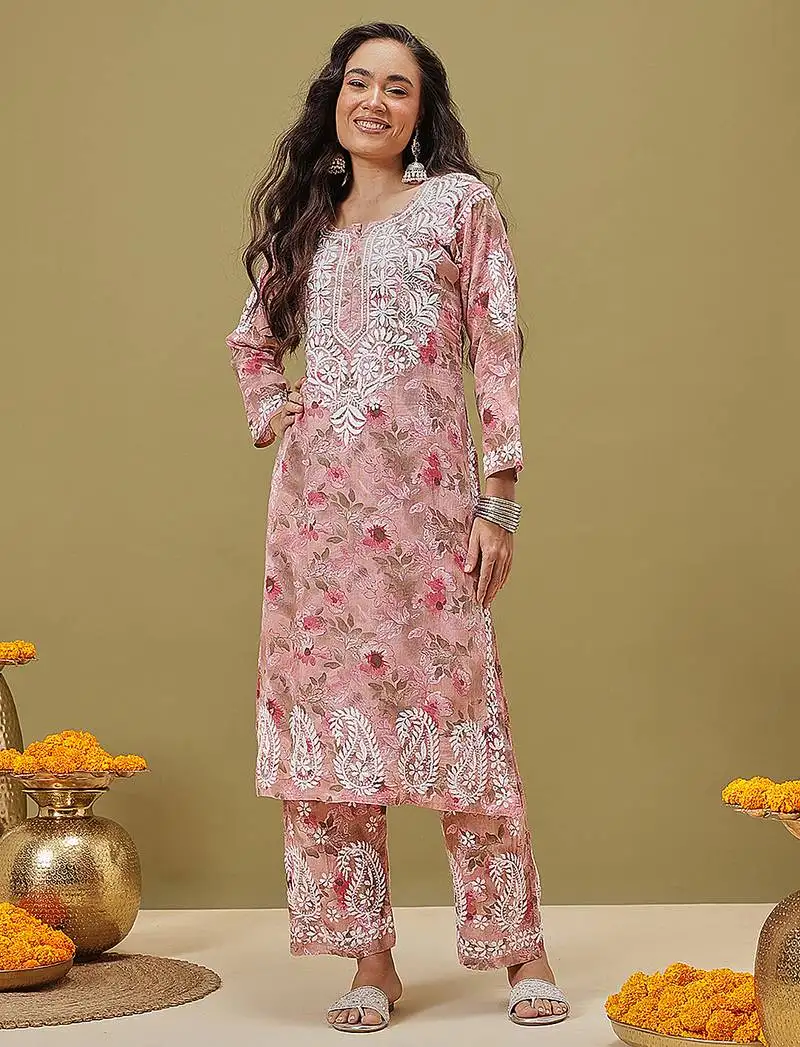 Hand embroidered floral printed peach cotton lucknowi chikankari co-ord set