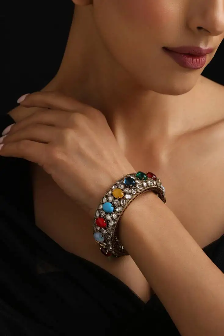 Gold plated multicolour polki bangle