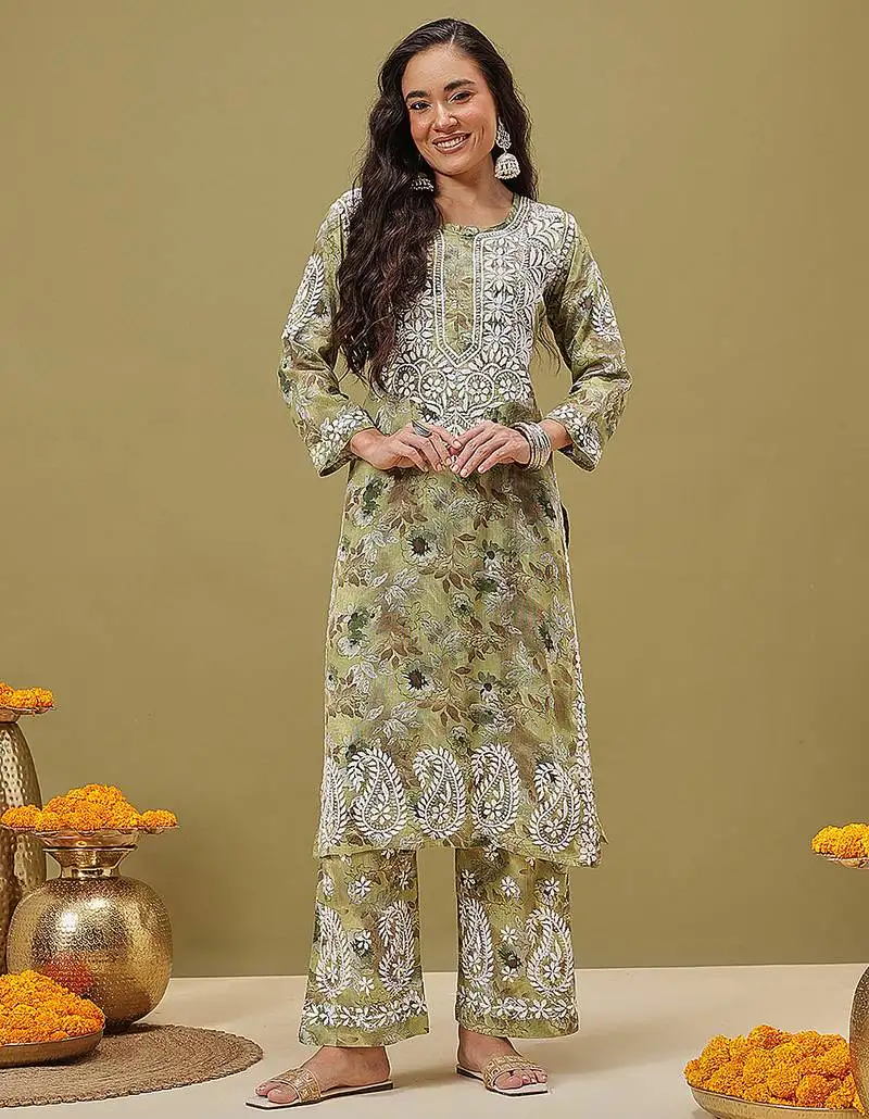 Hand embroidered floral printed green cotton lucknowi chikankari co-ord set