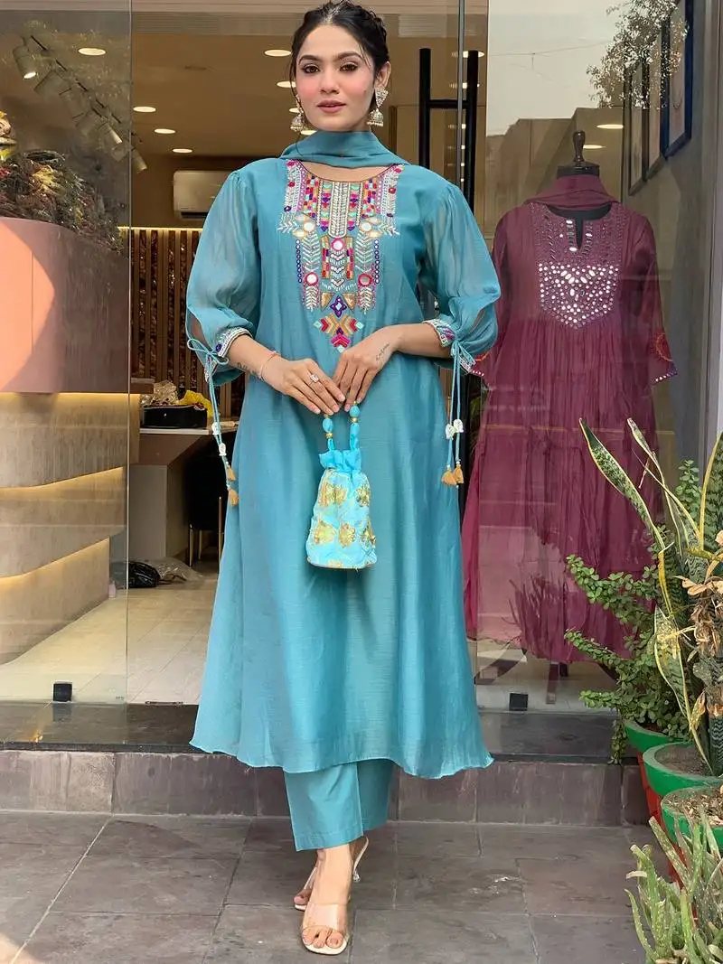 Aqua blue chanderi silk heavy thread embroidery work kurta pant set