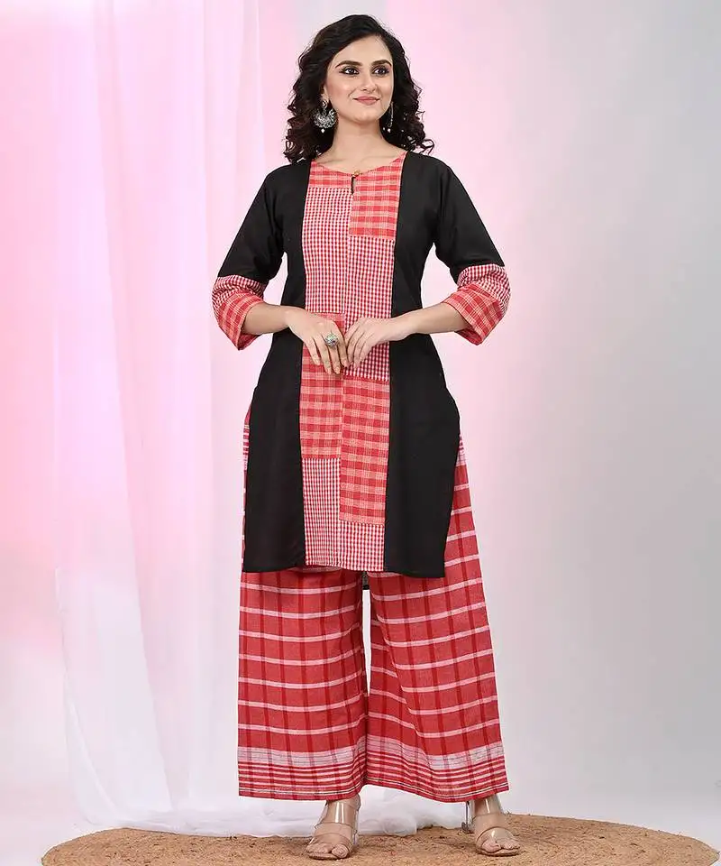 Women's black cotton straight kurta with red checkered patchwork detailing