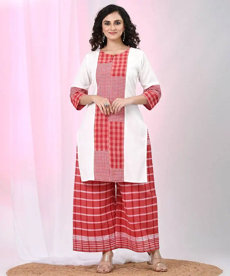 Women's white cotton straight kurta with red checkered patchwork design