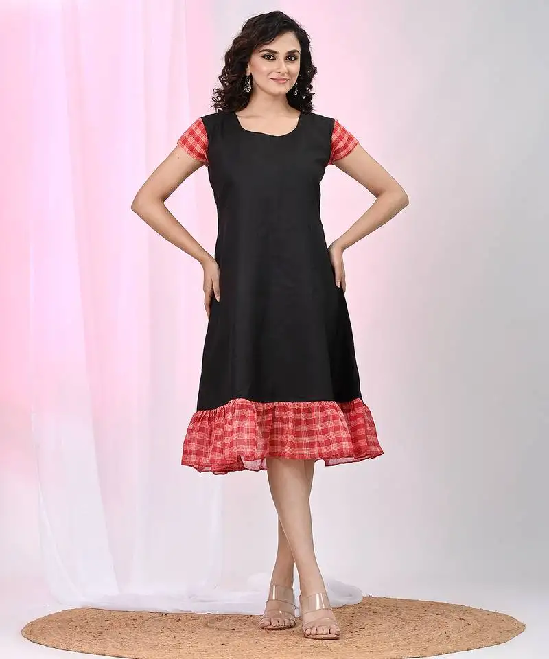 Women's black cotton a-line ethnic dress with red checkered sleeves & ruffle hem