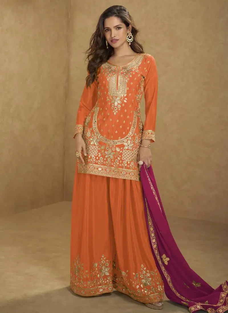 Orange chinon silk embroidered sharara suit stitched