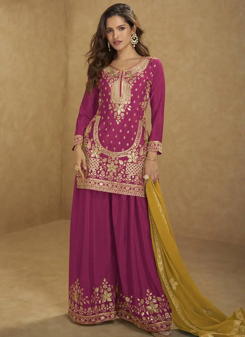 Red chinon silk embroidered sharara suit stitched