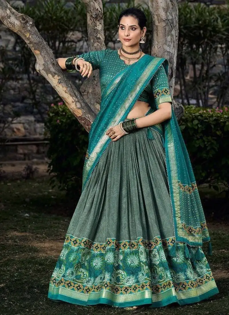 Green tussar silk traditional printed lehenga choli