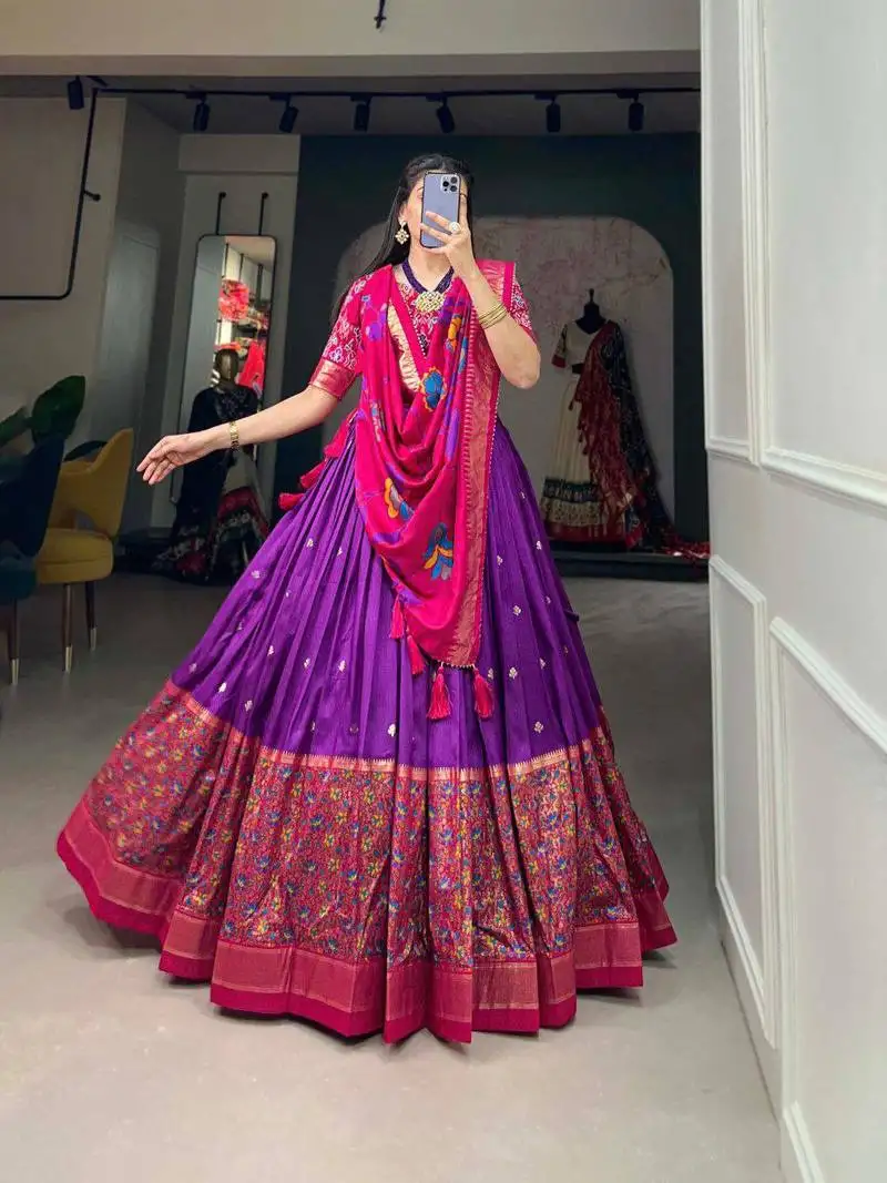 Purple tussar silk traditional printed lehenga choli