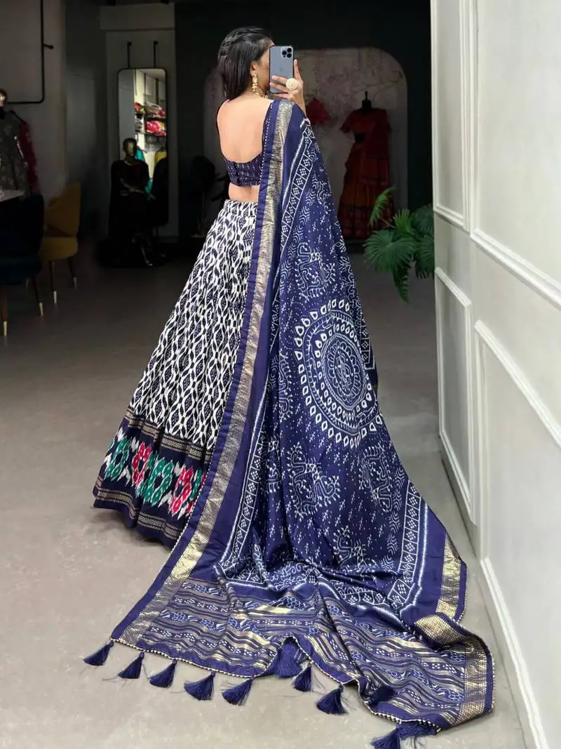 Blue tussar silk traditional printed lehenga choli