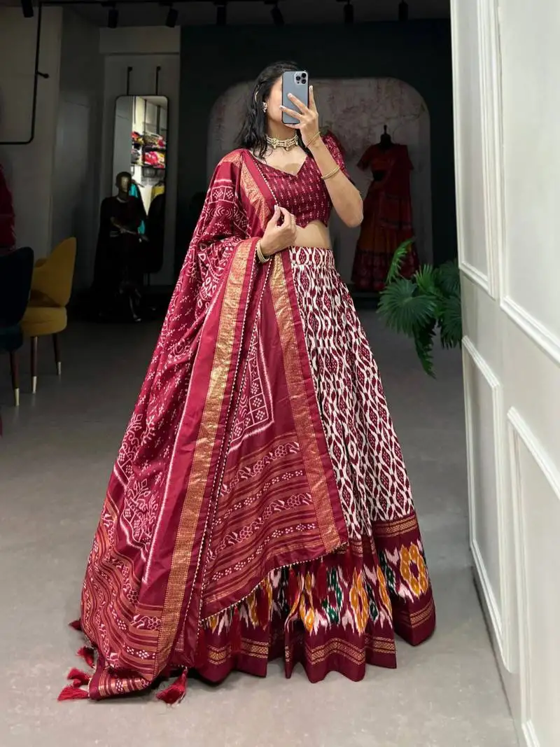 Maroon tussar silk traditional printed lehenga choli