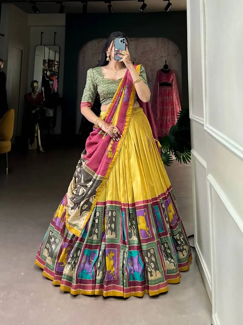 Yellow tussar silk traditional printed lehenga choli