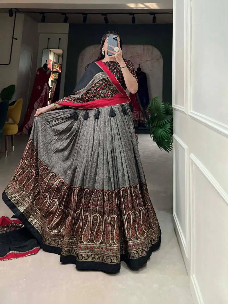 Grey tussar silk traditional printed lehenga choli