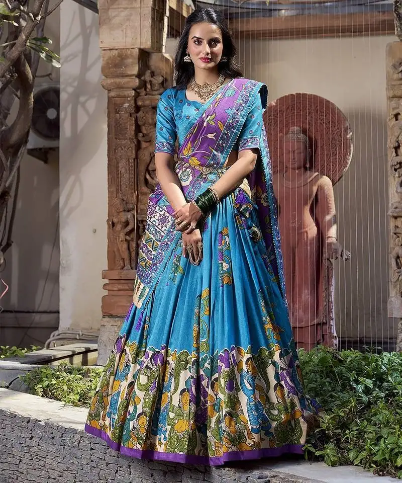 Sky blue tussar silk traditional printed lehenga choli