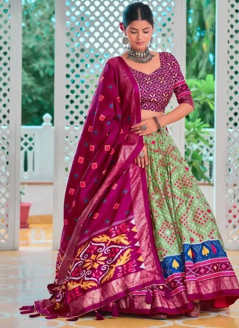 Light green tussar silk traditional printed lehenga choli