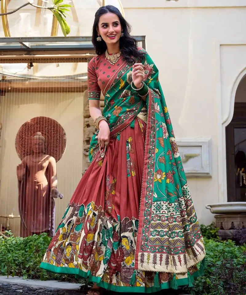 Rust red tussar silk traditional printed lehenga choli