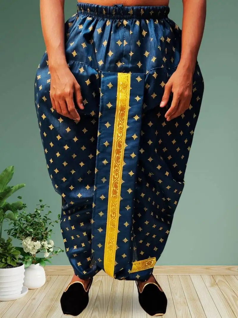 Dark blue printed pitambari ready to wear silk dhoti (free size)