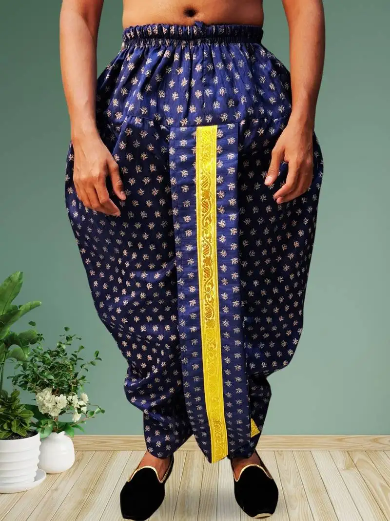 Navy blue printed pitambari ready to wear silk dhoti (free size)
