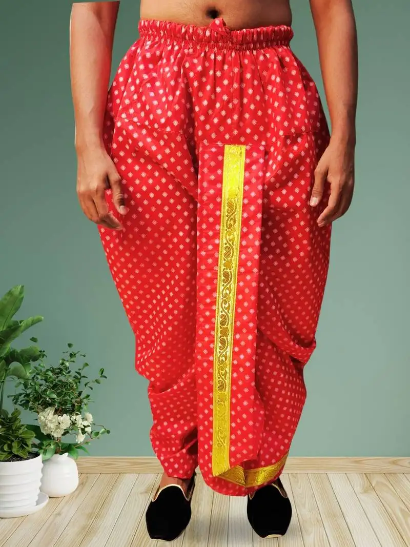 Red printed pitambari ready to wear silk dhoti (free size)