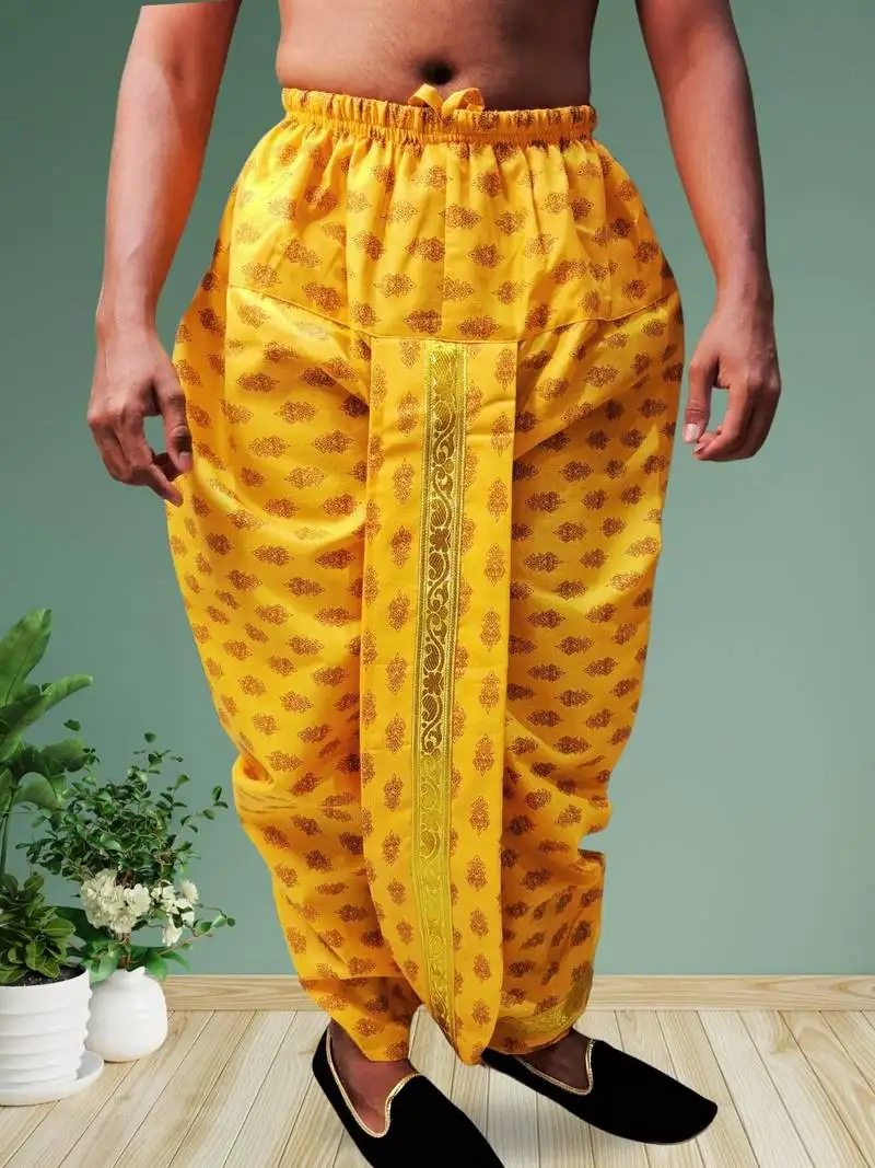 Yellow printed pitambari ready to wear cotton dhoti