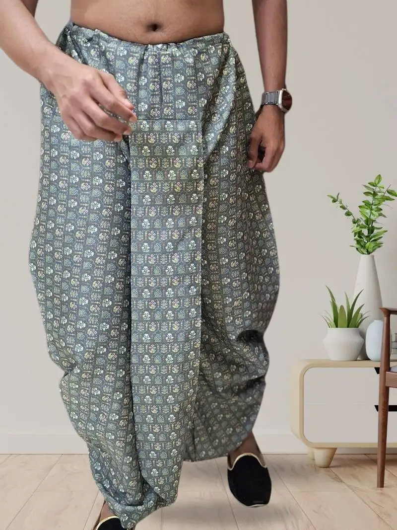 Dark green printed pitambari ready to wear cotton dhoti (free size)