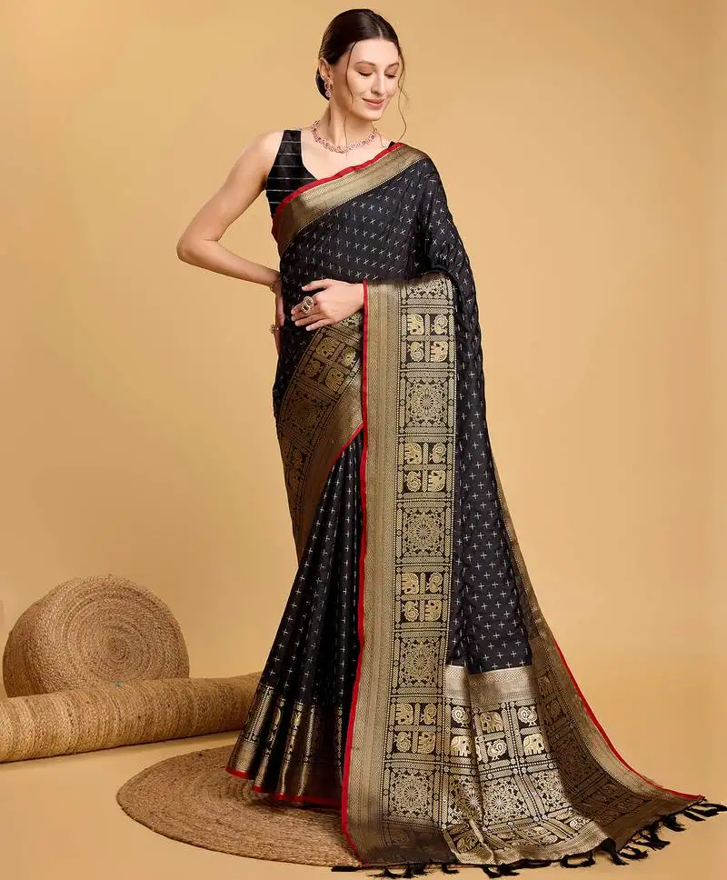 Black soft silk blend saree with zari