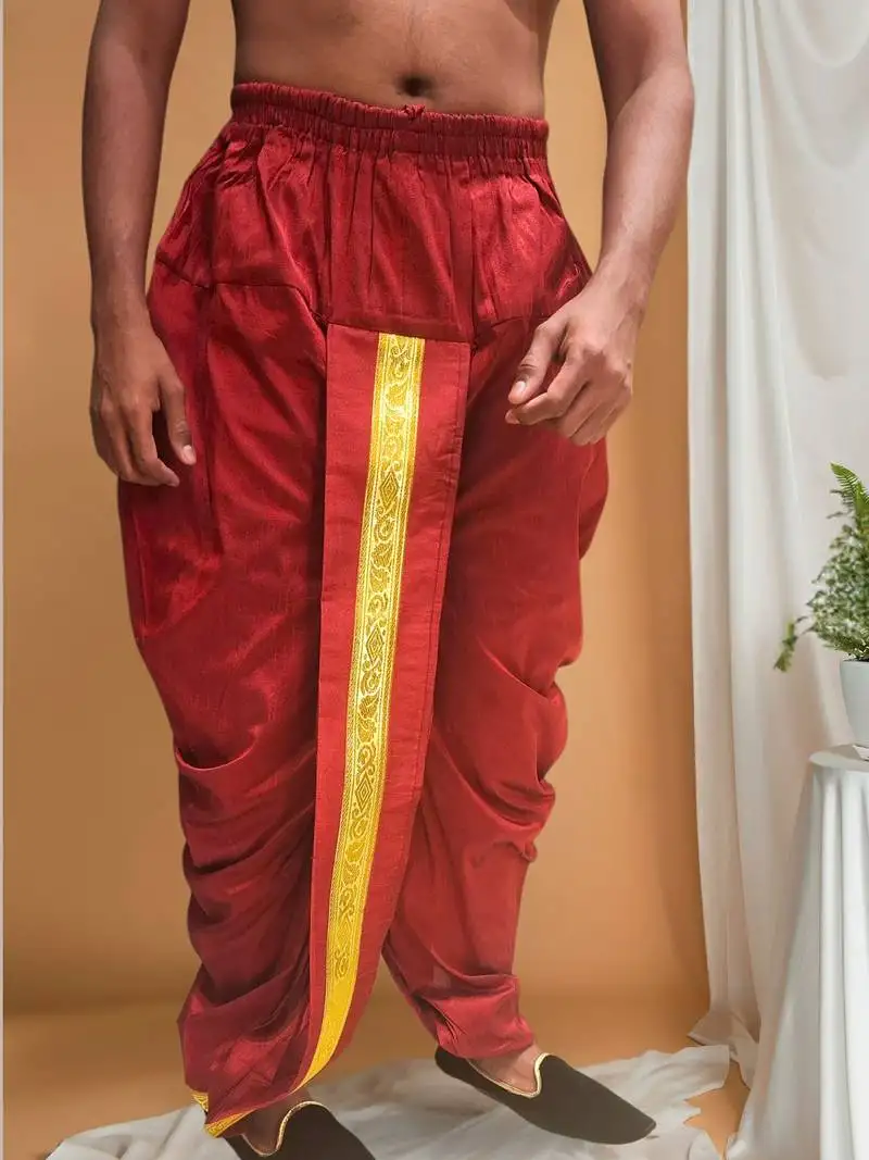 Maroon pitambari ready to wear silk dhoti (free size)