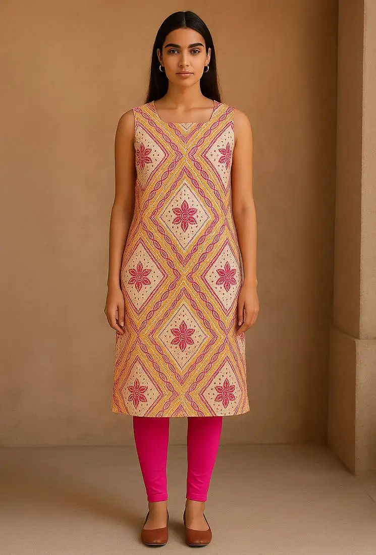 Pink bandhani hand block print kurta
